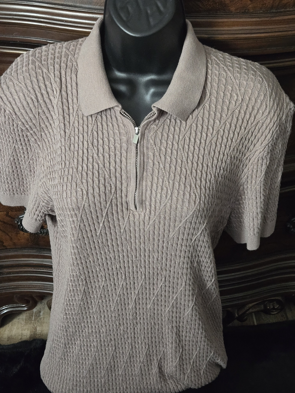 H&M Slim Fit Cable Knit Polo Sweater Taupe 1/4 Zip Short Sleeve Men's Small